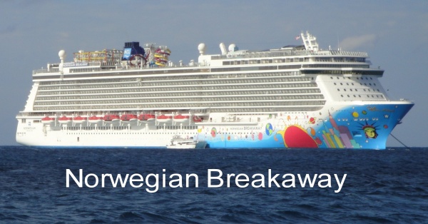 Norwegian Breakaway This is a picture of the Breakaway from their private island, Great Stirrup Cay. You can see the New York themed hull art designed by Peter Max.