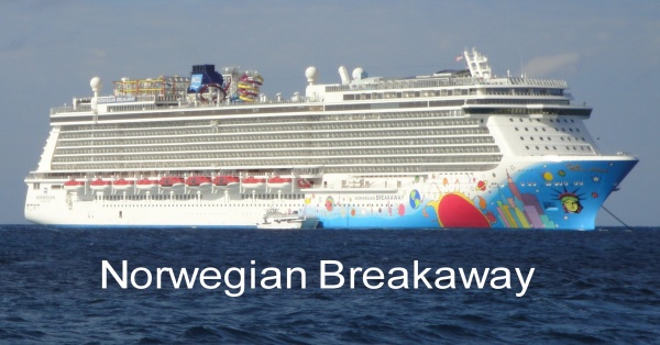 This is a picture of the Breakaway from their private island, Great Stirrup Cay. You can see the New York themed hull art designed by Peter Max.