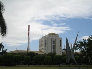 Bacardi building with bat sculpture.  The bat is part of their logo.