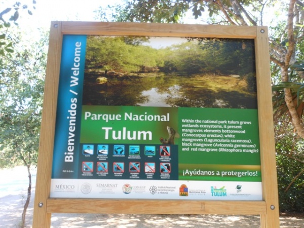 Tulum National Park sign Tulum National Park sign. Most things here were in Spanish and English.
