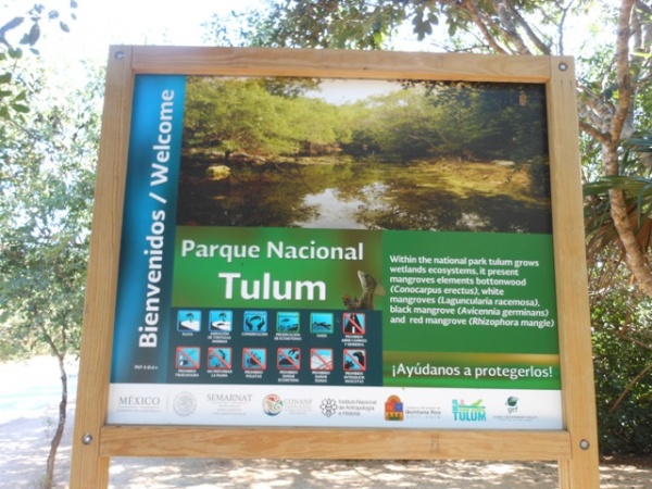 Tulum National Park sign. Most things here were in Spanish and English. 