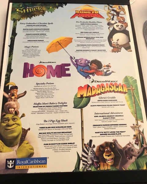 DreamWorks Rise & Dine Character Dining Breakfast Menu - Royal Caribbean Oasis of the Seas