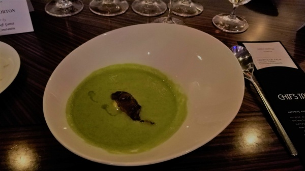 Sweet Pea Soup with Truffle Poached Egg and Nueske Bacon Sweet Pea Soup with Truffle Poached Egg and Nueske Bacon