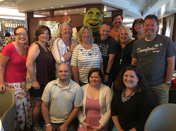 Shrek with Travel Counselors affiliated with The Magic For Less Travel and Magically Carefree Vacations - DreamWorks Rise & Dine Character Dining on Royal Caribbean Oasis of the Seas