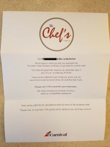 Carnival Magic Chef's Table Invitation - Feb 2018