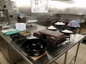 Pastry section of the galley and a Chocolate Melting Cake setup.