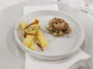 Quail, Wild Mushrooms and Carnaroli with parmesan, pepper threads and roasted onion jus.